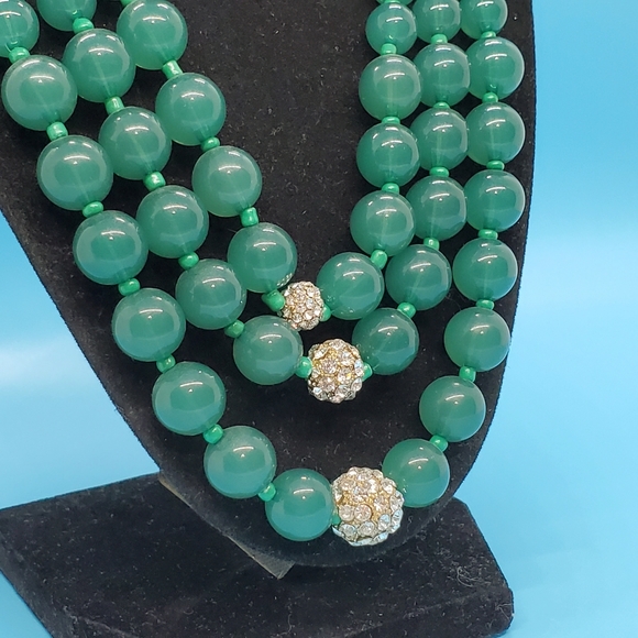 Charming Charlie Jewelry - Dark green faux pearl beads triple strand clear rhinestone detail elegant
